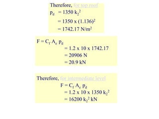 F = Cf Ae pd
= 1.2 x 10 x 1742.17
= 20906 N
= 20.9 kN
Therefore, for top roof
pd = 1350 k2
2
= 1350 x (1.136)2
= 1742.17 N/m2
Therefore, for intermediate level
F = Cf Ae pd
= 1.2 x 10 x 1350 k2
2
= 16200 k2
2 kN
 