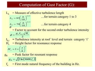 Lh = Measure of effective turbulence length
…for terrain category 1 to 3
= …for terrain category 4
= Factor to account for the second order turbulence intensity
Ih,i = Turbulence intensity at roof level and terrain category ‘i’
Hs = Height factor for resonance response
gR = Peak factor for resonant response
fa = First mode natural frequency of the building in Hz.
Computation of Gust Factor (G):
25
.
0
10
85 






h
Lh
25
.
0
10
70 






h
Lh

2
, s
i
h
v B
I
g


2
1 







h
s
H s
 
 
a
R f
g 3600
ln
2

 