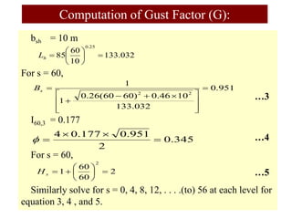 bsh = 10 m
For s = 60,
…3
I60,3 = 0.177
…4
For s = 60,
…5
Similarly solve for s = 0, 4, 8, 12, . . . .(to) 56 at each level for
equation 3, 4 , and 5.
Computation of Gust Factor (G):
032
.
133
10
60
85
25
.
0








h
L
951
.
0
032
.
133
10
46
.
0
)
60
60
(
26
.
0
1
1
2
2








 




s
B
345
.
0
2
951
.
0
177
.
0
4





2
60
60
1
2









s
H
 