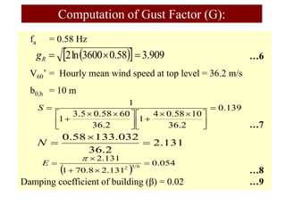 fa = 0.58 Hz
…6
V60’ = Hourly mean wind speed at top level = 36.2 m/s
b0,h = 10 m
…7
…8
Damping coefficient of building (β) = 0.02 …9
Computation of Gust Factor (G):
 
  909
.
3
58
.
0
3600
ln
2 


R
g
139
.
0
2
.
36
10
58
.
0
4
1
2
.
36
60
58
.
0
5
.
3
1
1






 







 



S
131
.
2
2
.
36
032
.
133
58
.
0



N
 
054
.
0
131
.
2
8
.
70
1
131
.
2
6
5
2






E
 