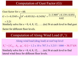 Gust factor for s = 60,
Similarly solve for s = 0, 4, 8, 12, . . . .(to) 56 at each level to find gust
factor for different floor levels.
Computation of Gust Factor (G):
21
.
3
]
02
.
0
054
.
0
139
.
0
909
.
3
2
)
3458
.
0
1
(
9515
.
0
4
[
3545
.
0
1
2
2
2










G
Along wind load (drag load) at roof top level
Fz’ = [ Cf,z . Az . pz
’ . G ] = 1.2 x 10 x 787.3 x 3.215 / 1000 = 30.37 kN
Similarly solve for s = 0, 4, 8, 12, . . . .(to) 56 at each level to find
lateral wind force for different floor levels.
Computation of Along Wind Load (Fz’):
 