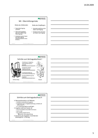 14.04.2009




                     WE - Übermittlungsrisiko

            Risiko des Erklärenden                             Risiko des Empfängers

         • Datenübertragung                                  • Veränderung/Verlust der
           scheitert                                           Daten nach Zugang
         • Übermittlungsfehler                               • Probleme beim Abrufen
           (zB nicht vollständige                              der Daten nach Zugang
           Übertragung)
         • Veränderung der Daten
           bei Übertragung
           (zB Manipulation eines
           Dritten)

Sonja Janisch                SE Rechtliche Grundlagen des E-Business               13




                   Schritte zum Vertragsabschluss I
                           Einladung zur Angebots-
                           stellung/Informations-
                           pflichten

                           Auswahl der Ware/
                           Angebotsstellung


                           Empfangsbestätigung

                           Annahme/Ablehnung des
                           Angebots

    Online-Shop                                                          Nutzer
Sonja Janisch                SE Rechtliche Grundlagen des E-Business               14




                  Schritte zum Vertragsabschluss II
                Warenpräsentation auf Website:
                  idR kein verbindliches Angebot
                  Aufforderung zur Angebotsstellung („invitatio ad
                  offerendum“)
                  zT schwierige Abgrenzungsfragen
                Angebot stellt der Nutzer zB
                  durch Ausfüllen eines Web-Formulars
                  per e-mail
                  per Telefon, Brief, Fax etc
                      Beachte: Bindungswirkung
                Annahme des Angebots innerhalb der
                Bindungsfrist → Vertrag
Sonja Janisch                SE Rechtliche Grundlagen des E-Business               15




                                                                                                 5
 