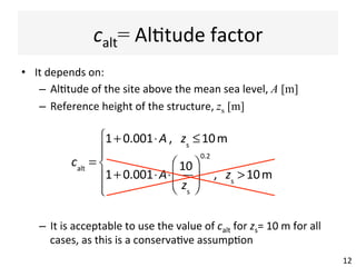 calt=	Al(tude	factor	
•  It	depends	on:	
–  Al(tude	of	the	site	above	the	mean	sea	level,	A [m]
–  Reference	height	of	the	structure,	zs [m]
–  It	is	acceptable	to	use	the	value	of	calt	for	zs=	10	m	for	all	
cases,	as	this	is	a	conserva(ve	assump(on	
12	
calt
=
1+ 0.001⋅A , zs
≤10m
1+ 0.001⋅A⋅
10
zs
⎛
⎝
⎜
⎞
⎠
⎟
0.2
, zs
>10m
⎧
⎨
⎪⎪
⎩
⎪
⎪
 