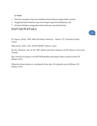 3.2 Saran
1. Kita harus memahami fungsi dan kedudukan bahasa Indonesia sebagai bahasa nasional,
2. Penggunaan bahasa Indonesia yang sesuai dengan fungsi dan kedudukannya, dan
3. Kita harus berbahasa menggunakan bahasa Indonesia yang baik dan benar.
DAFTAR PUSTAKA
Dr. Sugono, Dendy. 2009, Mahir Berbahasa Indonesia. Jakarta: PT. Gramedia Pustaka
Utama.
Mulyoutomo, M Isa. 2011, RAPET BINDO. Jakarta: Limas.
Hj. Dra. Rosdiana, Yusi, M. Pd. 2007, Bahasa dan Sastra Indonesia di SD. Jakarta: Universitas
Terbuka
http://muslich-m.blogspot.com/2007/04/kedudukan-dan-fungsi-bahasa-indonesia.html (20
Oktober 2013)
Wikipedia bahasa Indonesia, ensiklopedia bebas http://id.wikipedia.org/wiki/Bahasa (20
Oktober 2013)
10
1
 