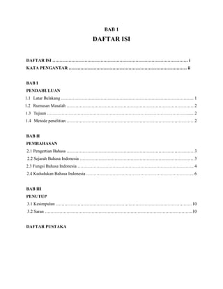 BAB 1
DAFTAR ISI
DAFTAR ISI ………………………………………………………………………………… i
KATA PENGANTAR ……………………………………………………………………… ii
BAB I
PENDAHULUAN
1.1 Latar Belakang ………………………………………………………………………………. 1
1.2 Rumusan Masalah …………………………………………………………………………… 2
1.3 Tujuan ……………………………………………………………………………………...... 2
1.4 Metode penelitian …………………………………………………………………………… 2
BAB II
PEMBAHASAN
2.1 Pengertian Bahasa …………………………………………………………………………… 3
2.2 Sejarah Bahasa Indonesia …………………………………………………………………… 3
2.3 Fungsi Bahasa Indonesia …………………………………………………………………….. 4
2.4 Kedudukan Bahasa Indonesia ……………………………………………………………….. 6
BAB III
PENUTUP
3.1 Kesimpulan …………………………………………….……………………………………10
3.2 Saran …………………………………………………….…………………………………..10
DAFTAR PUSTAKA
 