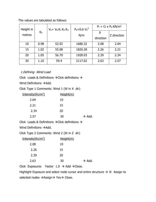 The values are tabulated as follows:
Height in
metres
K2
Vz= Vb K1 K2 K3 Pd=0.6 Vz
2
N/m
Pi = Cf x Pd KN/m2
X
direction
Z direction
10 0.98 52.92 1680.32 2.08 2.04
15 1.02 55.08 1820.28 2.26 2.21
20 1.05 56.70 1928.93 2.39 2.34
30 1.10 59.4 2117.02 2.63 2.57
1.Defining Wind Load
Click Loads & Definitions Click definitions 
Wind Definitions Add.
Click Type 1 Comments: Wind 1 (W in X dir)
Intensity(Kn/m2) Height(m)
2.04 10
2.21 15
2.34 20
2.57 30  Add.
Click Loads & Definitions Click definitions 
Wind Definitions Add.
Click Type 2 Comments: Wind 2 (W in Z dir)
Intensity(Kn/m2) Height(m)
2.08 10
2.26 15
2.39 20
2.63 30  Add.
Click Exposures Factor 1.0  Add Close.
Highlight Exposure and select node cursor and entire structure   Assign to
selected nodes Assign Yes Close.
 