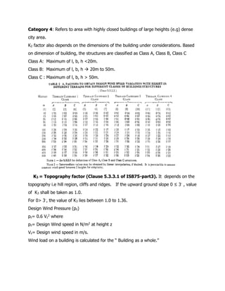 Category 4: Refers to area with highly closed buildings of large heights (e.g) dense
city area.
K2 factor also depends on the dimensions of the building under considerations. Based
on dimension of building, the structures are classified as Class A, Class B, Class C
Class A: Maximum of l, b, h <20m.
Class B: Maximum of l, b, h  20m to 50m.
Class C : Maximum of l, b, h > 50m.
K3 = Topography factor (Clause 5.3.3.1 of IS875-part3). It depends on the
topography i.e hill region, cliffs and ridges. If the upward ground slope 0 ≤ 3◦ , value
of K3 shall be taken as 1.0.
For 0> 3◦, the value of K3 lies between 1.0 to 1.36.
Design Wind Pressure (pz)
pz= 0.6 Vz
2 where
pz= Design Wind speed in N/m2 at height z
Vz= Design wind speed in m/s.
Wind load on a building is calculated for the “ Building as a whole.”
 