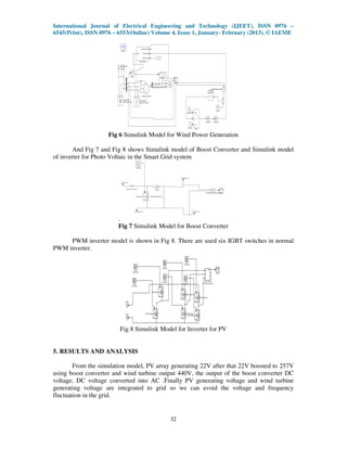 International Journal of Electrical Engineering and Technology (IJEET), ISSN 0976 –
6545(Print), ISSN 0976 – 6553(Online) Volume 4, Issue 1, January- February (2013), © IAEME




                    Fig 6 Simulink Model for Wind Power Generation

        And Fig 7 and Fig 8 shows Simulink model of Boost Converter and Simulink model
of inverter for Photo Voltaic in the Smart Grid system




                        .
                        Fig 7 Simulink Model for Boost Converter

     PWM inverter model is shown in Fig 8. There are used six IGBT switches in normal
PWM inverter.




                         Fig 8 Simulink Model for Inverter for PV


5. RESULTS AND ANALYSIS

        From the simulation model, PV array generating 22V after that 22V boosted to 257V
using boost converter and wind turbine output 440V, the output of the boost converter DC
voltage, DC voltage converted into AC .Finally PV generating voltage and wind turbine
generating voltage are integrated to grid so we can avoid the voltage and frequency
fluctuation in the grid.


                                           32
 