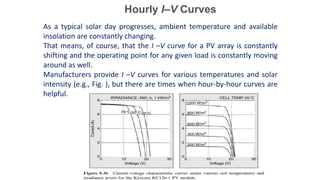 Hourly I–V Curves
As a typical solar day progresses, ambient temperature and available
insolation are constantly changing.
That means, of course, that the I –V curve for a PV array is constantly
shifting and the operating point for any given load is constantly moving
around as well.
Manufacturers provide I –V curves for various temperatures and solar
intensity (e.g., Fig. ), but there are times when hour-by-hour curves are
helpful.
 
