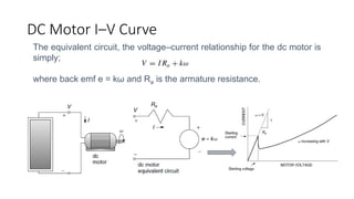 DC Motor I–V Curve
The equivalent circuit, the voltage–current relationship for the dc motor is
simply;
where back emf e = kω and Ra is the armature resistance.
 