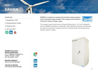 DAIHEN is a Japanese company that provides energy solutions
to the renewable energy industry. The company was founded in
1919 and is based in Osaka, Japan.
The company was formerly known as Osaka Transformer Co., Ltd. and changed its
name to DAIHEN Corporation in December 1985. DAIHEN Corporation manufactures
and sells power products, welding machines, industrial robots, and wireless power
transfer systems in Japan.
Section 1
OVERVIEW
1. Established: 1919
2. Headquartered: Osaka
3. Employs: N/A
4. Turnover: N/A
DAIHEN
18
DAIHEN Corporation
Global Headquarters
2-1-11 Tagawa, Yodogawa-ku,
Osaka, 532-8512, Japan
Tel: +81-6-6301-1212
Kazuhiko Hagiwara
Deputy General Manager
Julio Kooro Almeida
International Sales Manager
 