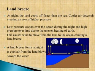  Low pressure occurs over the ocean during the night and high
pressure over land due to the uneven heating of earth.
This causes wind to move from the land to the ocean creating a
land breeze.
 A land breeze forms at night
as cool air from the land blows
toward the water.
 At night, the land cools off faster than the sea. Cooler air descends
creating an area of higher pressure.
 