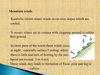  Katabolic (down slope) winds occur over slopes which are
cooled.
 It occurs where air in contact with slopping ground is colder
than ground.
 In most parts of the world these winds occur
at night, especially surface Cooling, where
there is little and lack of heating by the sun.
 Speed not exceed 3 or 4 m/s.
 These winds may leads to formation of Frost ,mist and fog in
valleys.
 