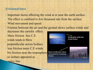  Important factor affecting the wind at or near the earth surface.
 The effect is confined to few thousand mts from the surface.
 Wind movement and speed.
 Friction between the air and the ground slows surface winds and
decreases the coriolis effect.
 More friction less C.E
winds tends to blow
perpendicular across Isobars.
 less friction more C.E winds
No friction near the troposphere
so isobars appeared as
wavy line.
 