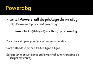 PowerdbgFrontal Powershell de pilotage de windbghttp://www.codeplex.com/powerdbgpowershell  –(stdin/out)->  cdb  –(tcp)->   windbgFonctions simples pour lancer des commandesSortie standard de cdb traitée ligne à ligneScripts (et moteur) écrits en Powershell (une trentaine de scripts existants)