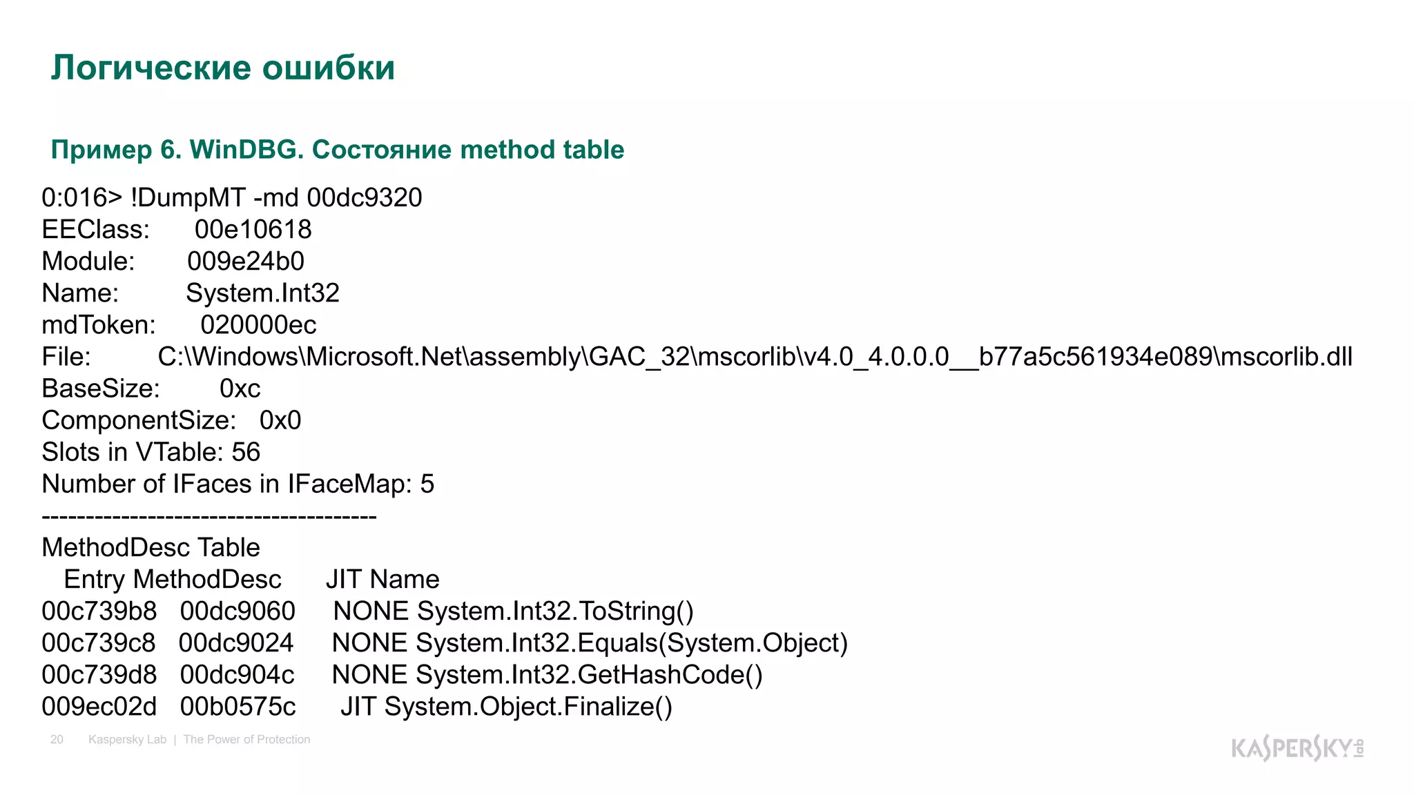 Пример 6. WinDBG. Состояние method table
Kaspersky Lab | The Power of Protection20
Логические ошибки
0:016> !DumpMT -md 00dc9320
EEClass: 00e10618
Module: 009e24b0
Name: System.Int32
mdToken: 020000ec
File: C:WindowsMicrosoft.NetassemblyGAC_32mscorlibv4.0_4.0.0.0__b77a5c561934e089mscorlib.dll
BaseSize: 0xc
ComponentSize: 0x0
Slots in VTable: 56
Number of IFaces in IFaceMap: 5
--------------------------------------
MethodDesc Table
Entry MethodDesc JIT Name
00c739b8 00dc9060 NONE System.Int32.ToString()
00c739c8 00dc9024 NONE System.Int32.Equals(System.Object)
00c739d8 00dc904c NONE System.Int32.GetHashCode()
009ec02d 00b0575c JIT System.Object.Finalize()
 
