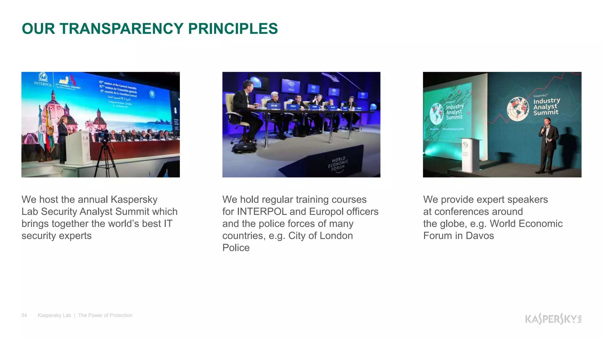 Kaspersky Lab | The Power of Protection54
We host the annual Kaspersky
Lab Security Analyst Summit which
brings together the world’s best IT
security experts
We hold regular training courses
for INTERPOL and Europol officers
and the police forces of many
countries, e.g. City of London
Police
We provide expert speakers
at conferences around
the globe, e.g. World Economic
Forum in Davos
OUR TRANSPARENCY PRINCIPLES
 