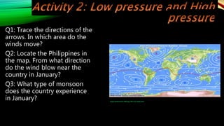 Q1: Trace the directions of the
arrows. In which area do the
winds move?
Q2: Locate the Philippines in
the map. From what direction
do the wind blow near the
country in January?
Q3: What type of monsoon
does the country experience
in January? Image retrieved from: 0aIR2.jpg (700×332) (imgur.com)
 