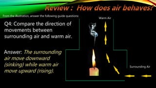 Warm Air
Surrounding Air
From the illustration, answer the following guide questions:
Q4: Compare the direction of
movements between
surrounding air and warm air.
Answer: The surrounding
air move downward
(sinking) while warm air
move upward (rising).
 