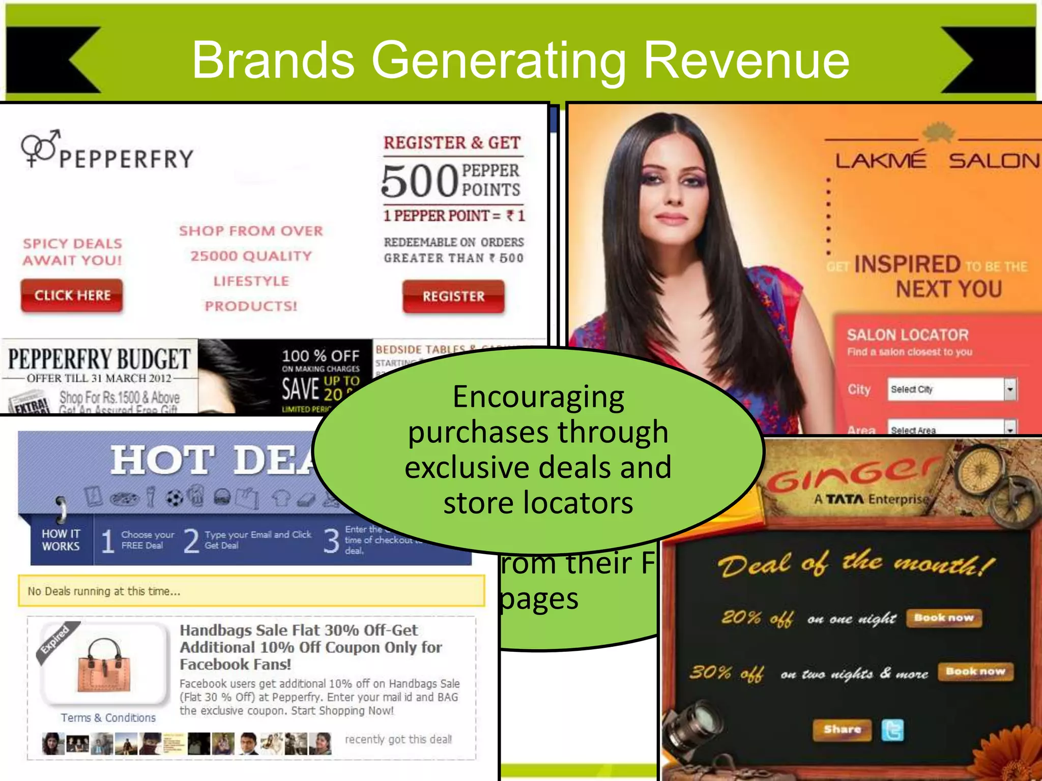 Brands Generating Revenue
Our hospitality
clients have bookings
made from their FB
pages
Encouraging
purchases through
exclusive deals and
store locators
 