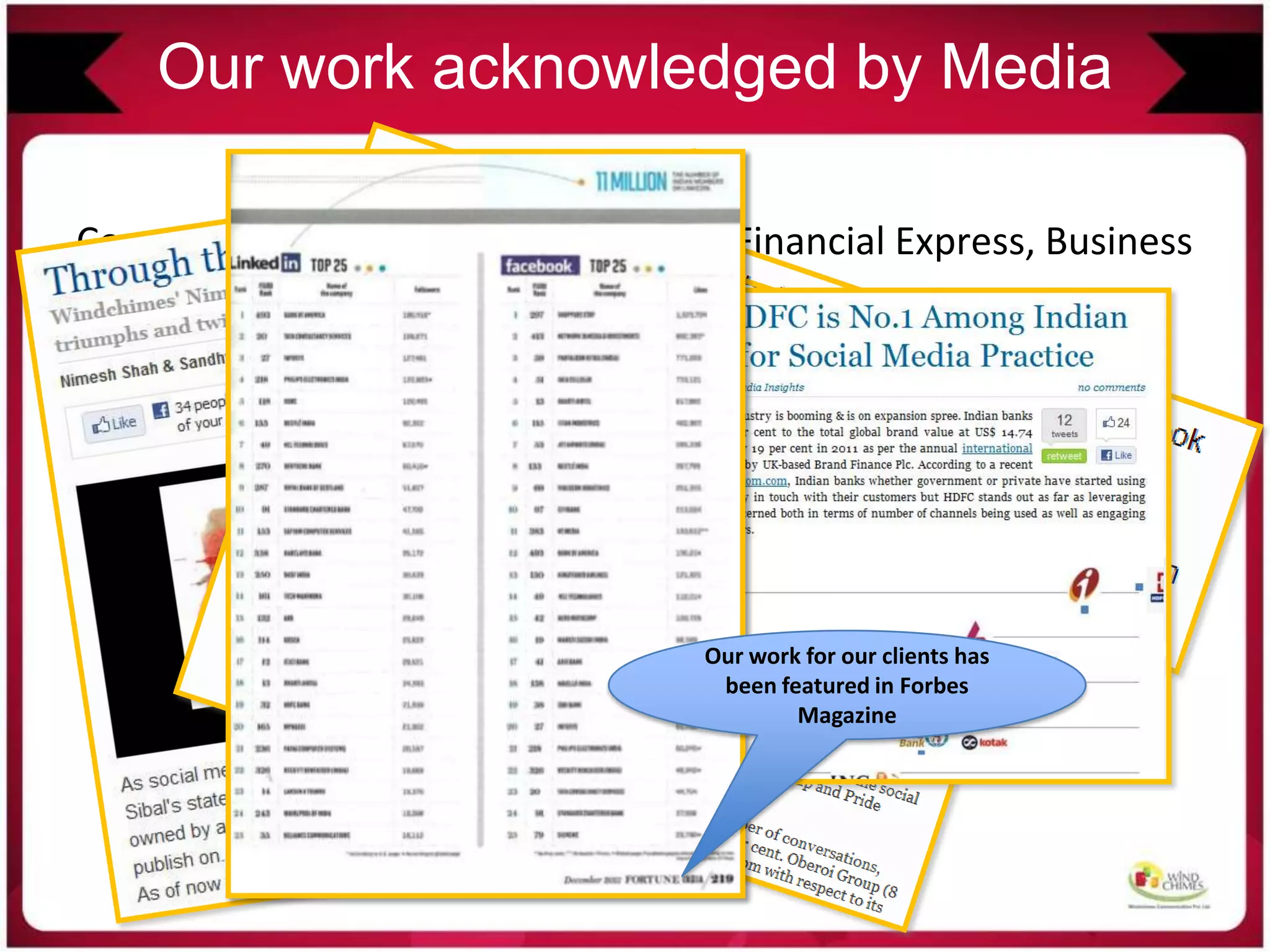 Coverage across media such as NDTV, Financial Express, Business
Today, aFaqs!, e4m, etc
Our work acknowledged by Media
Our work for our clients has
been featured in Forbes
Magazine
 
