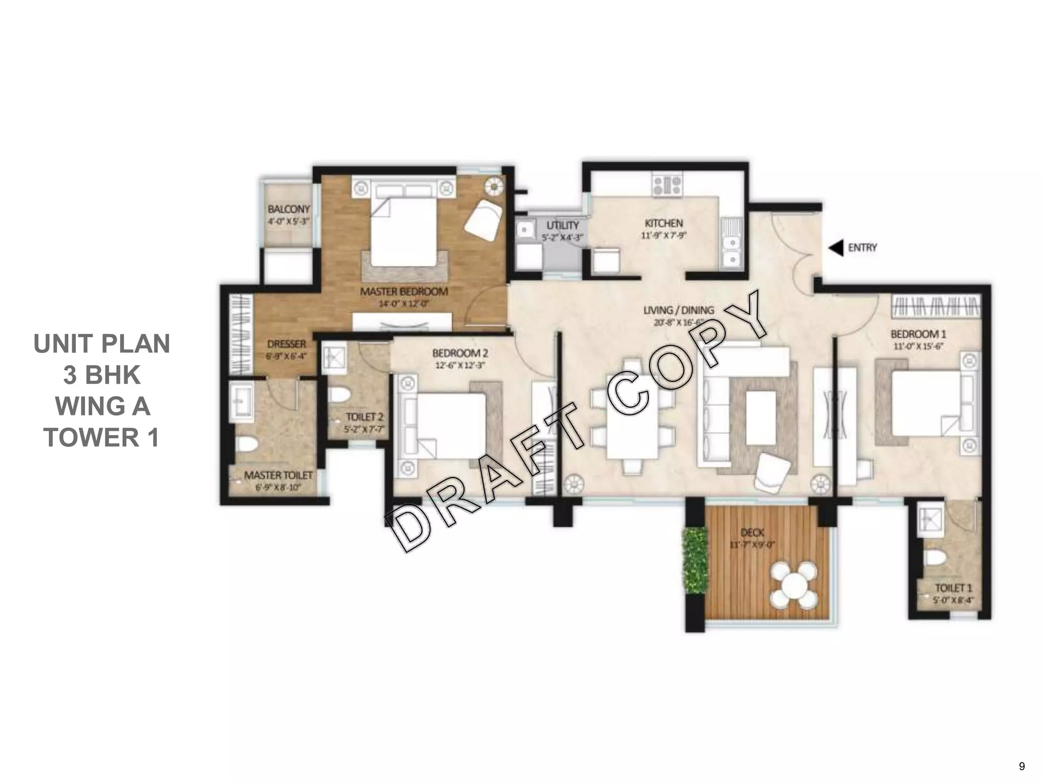 9
UNIT PLAN
3 BHK
WING A
TOWER 1
 