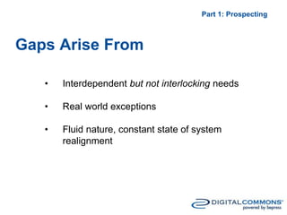 Gaps Arise From
Part 1: Prospecting
• Interdependent but not interlocking needs
• Real world exceptions
• Fluid nature, constant state of system
realignment
 