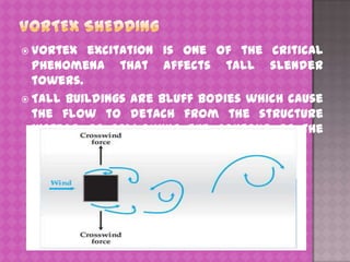  Vortex

excitation is one of the critical
phenomena that affects tall slender
towers.
 Tall buildings are bluff bodies which cause
the flow to detach from the structure
instead of following the contour of the
building.

 