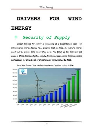 Wind Energy



      DRIVERS                             FOR                 WIND
ENERGY
           Security of Supply
      Global demand for energy is increasing at a breathtaking pace. The
International Energy Agency (IEA) predicts that by 2030, the world’s energy
needs will be almost 60% higher than now. Two-thirds of this increase will
occur in China, India and other rapidly developing economies; these countries
will account for almost half of global energy consumption by 2030.




                                     19
 
