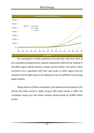 Wind Energy




      This assumption is further justified by the fact that more than 50 % of
the cumulative wind generation capacity expected by 2020 will be installed in
the OECD regions (North America, Europe and the Pacific). The trend in these
countries is for a significant shift from coal to gas. In other regions the CO₂
reduction will be higher due to the widespread use of inefficient coal burning
power stations.


      Taking account of these assumptions, the expected annual saving in CO₂
will be 339 million tonnes in 2020, rising to 910 million tonnes in 2050. The
cumulative saving over the whole scenario period would be 22,800 million
tonnes.




                                      26
 