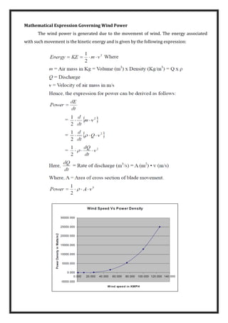 Mathematical Expression Governing Wind Power
The wind power is generated due to the movement of wind. The energy associated
with such movement is the kinetic energy and is given by the following expression:
 