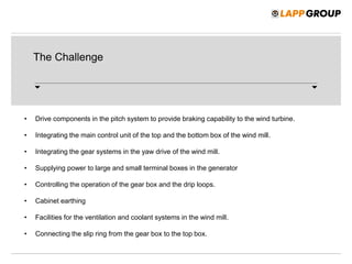 The Challenge
• Drive components in the pitch system to provide braking capability to the wind turbine.
• Integrating the main control unit of the top and the bottom box of the wind mill.
• Integrating the gear systems in the yaw drive of the wind mill.
• Supplying power to large and small terminal boxes in the generator
• Controlling the operation of the gear box and the drip loops.
• Cabinet earthing
• Facilities for the ventilation and coolant systems in the wind mill.
• Connecting the slip ring from the gear box to the top box.
 
