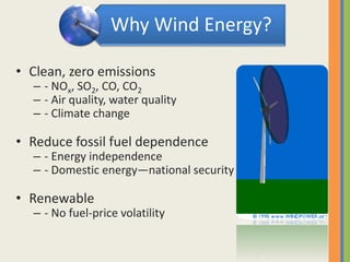 Why Wind Energy?
• Clean, zero emissions
– - NOx, SO2, CO, CO2
– - Air quality, water quality
– - Climate change
• Reduce fossil fuel dependence
– - Energy independence
– - Domestic energy—national security
• Renewable
– - No fuel-price volatility
 
