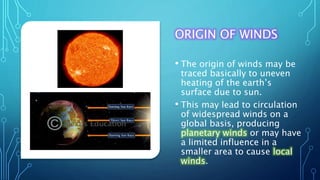ORIGIN OF WINDS
• The origin of winds may be
traced basically to uneven
heating of the earth’s
surface due to sun.
• This may lead to circulation
of widespread winds on a
global basis, producing
planetary winds or may have
a limited influence in a
smaller area to cause local
winds.
 
