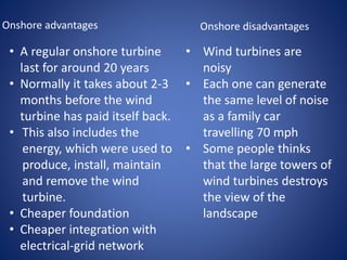 • Wind turbines are
noisy
• Each one can generate
the same level of noise
as a family car
travelling 70 mph
• Some people thinks
that the large towers of
wind turbines destroys
the view of the
landscape
Onshore disadvantagesOnshore advantages
• A regular onshore turbine
last for around 20 years
• Normally it takes about 2-3
months before the wind
turbine has paid itself back.
• This also includes the
energy, which were used to
produce, install, maintain
and remove the wind
turbine.
• Cheaper foundation
• Cheaper integration with
electrical-grid network
 