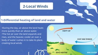 •During the day, air above the land heats
more quickly than air above water.
•The hot air over the land expands and
rises, and the heavier, cooler air over a
body of water rushes in to take its place,
creating local winds
1-Differential heating of land and water
2-Local Winds
 