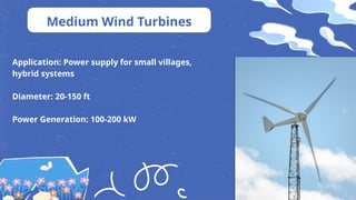 Application: Power supply for small villages,
hybrid systems
Diameter: 20-150 ft
Power Generation: 100-200 kW
Medium Wind Turbines
 