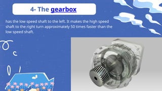 4- The gearbox
has the low speed shaft to the left. It makes the high speed
shaft to the right turn approximately 50 times faster than the
low speed shaft.
 