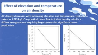 Effect of elevation and temperature
on air density
Air density decreases with increasing elevation and temperature, typically
taken as 1.225 kg/m³ in practical cases. Due to its low density, wind is a
diffuse energy source, requiring large systems for significant power
production.
 