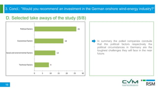 3. Concl.: ”Would you recommend an investment in the German onshore wind-energy industry?“
D. Selected take aways of the study (8/8)
16
In summary the polled companies conclude
that the political factors respectively the
political circumstances in Germany are the
toughest challenges they will face in the near
future.
9
13
18
26
0 5 10 15 20 25 30
Technical factors
Social and environmental factors
Economical factors
Political factors
 