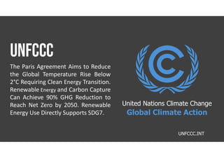 unfccc
The Paris Agreement Aims to Reduce
the Global Temperature Rise Below
2°C Requiring Clean Energy Transition.
Renewable Energy and Carbon Capture
Can Achieve 90% GHG Reduction to
Reach Net Zero by 2050. Renewable
Energy Use Directly Supports SDG7.
UNFCCC.INT
United Nations Climate Change
Global Climate Action
 