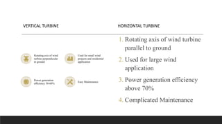VERTICAL TURBINE
Rotating axis of wind
turbine perpendicular
to ground
Used for small wind
projects and residential
application
Power generation
efficiency 50-60%
Easy Maintenance
HORIZONTAL TURBINE
1. Rotating axis of wind turbine
parallel to ground
2. Used for large wind
application
3. Power generation efficiency
above 70%
4. Complicated Maintenance
 