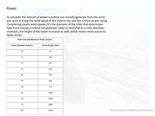 Rachana Sansad Academy of Architecture
Power
To calculate the amount of power a turbine can actually generate from the wind,
you need to know the wind speed at the turbine site and the turbine power rating.
Considering steady wind speeds, it's the diameter of the rotor that determines
how much energy a turbine can generate. Keep in mind that as a rotor diameter
increases, the height of the tower increases as well, which means more access to
faster winds.
 