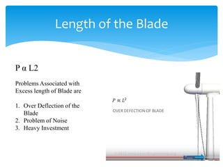 Length of the Blade
P α L2
Problems Associated with
Excess length of Blade are
1. Over Deflection of the
Blade
2. Problem of Noise
3. Heavy Investment
 