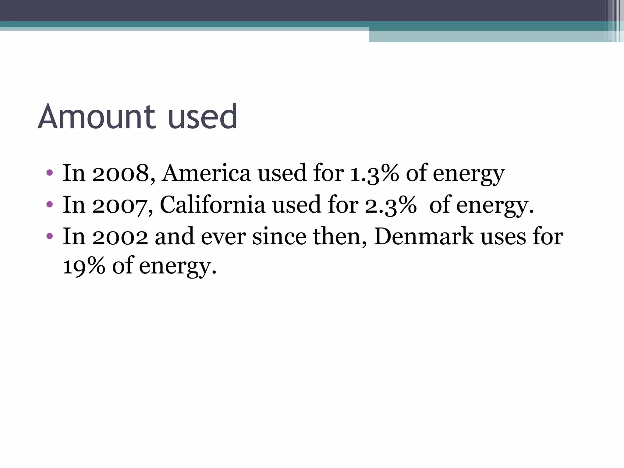 Amount used In 2008, America used for 1.3% of energy In 2007, California used for 2.3% of energy. In 2002 and ever since then, Denmark uses for 19% of energy.