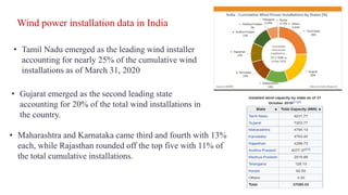 • Tamil Nadu emerged as the leading wind installer
accounting for nearly 25% of the cumulative wind
installations as of March 31, 2020
• Gujarat emerged as the second leading state
accounting for 20% of the total wind installations in
the country.
• Maharashtra and Karnataka came third and fourth with 13%
each, while Rajasthan rounded off the top five with 11% of
the total cumulative installations.
Wind power installation data in India
 