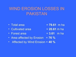 WIND EROSION LOSSES IN
       PAKISTAN

•   Total area               = 79.61 m ha
•   Cultivated area          = 20.61 m ha
•   Forest area              = 3.61 m ha
•   Area affected by Erosion = 76 %
•   Affected by Wind Erosion = 40 %
 