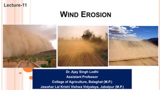 WIND EROSION
Lecture-11
Dr. Ajay Singh Lodhi
Assistant Professor
College of Agriculture, Balaghat (M.P.)
Jawahar Lal Krishi Vishwa Vidyalaya, Jabalpur (M.P.)
 