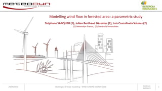 Modelling wind flow in forested area: a parametric study
Stéphane SANQUER (1), Julien Berthaud Gérentes (1), Luis Cosculluela Soteras (2)
(1) Meteodyn France, (2) Iberdrola Renovables
29/09/2016 Challenges of forest modelling – WIND EUROPE SUMMIT 2016 1Stéphane
SANQUER
 
