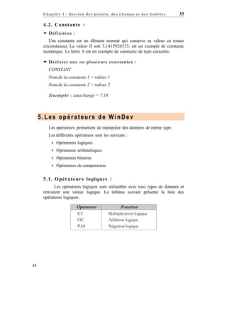 C h a p it re 1 : Gest ion d e s p r oje ts, d e s c h a mp s e t d e s f e nê tre s

33

4 . 2 . C o ns t a nt e :
 Définition :
Une constante est un élément nommé qui conserve sa valeur en toutes
circonstances. La valeur II soit 3,1415926535, est un exemple de constante
numérique. La lettre A est un exemple de constante de type caractère.
 Décl arer une ou pl usieurs constantes :
CONSTANT
Nom de la constante 1 = valeur 1
Nom de la constante 2 = valeur 2

Exemple : tauxchange = 7.18

5.Les opérateurs de WinDev
Les opérateurs permettent de manipuler des données de même type.
Les différents opérateurs sont les suivants :
 Opérateurs logiques
 Opérateurs arithmétiques
 Opérateurs binaires
 Opérateurs de comparaison

5 . 1 . O p é r a t e ur s lo g iq ue s :
Les opérateurs logiques sont utilisables avec tous types de données et
renvoient une valeur logique. Le tableau suivant présente la liste des
opérateurs logiques.

Opérateur
ET
OU
PAS

33

Fonction
Multiplication logique
Addition logique
Négation logique

 